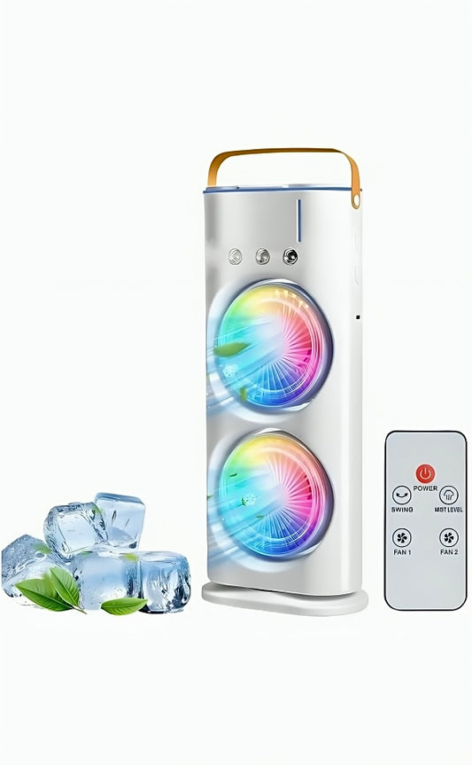 Portable Double Head Mist Air Cooler Fan with Remote Control & RGB Light
