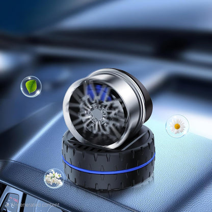 Solar Rotating Car Dashboard Air Freshener – Metal Body Alloy Wheel Hub Design Perfume Diffuser