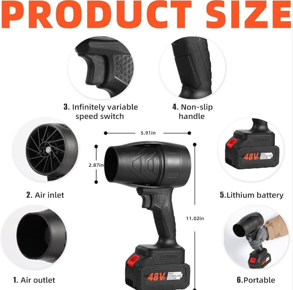 48V Cordless Electric Jet Fan – Ultra-Powerful High-Velocity Portable Turbo Blower