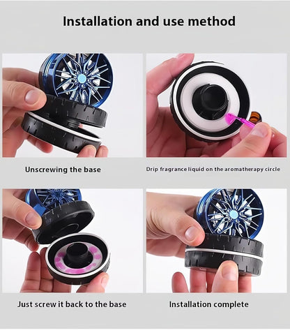 Solar Rotating Car Dashboard Air Freshener – Metal Body Alloy Wheel Hub Design Perfume Diffuser