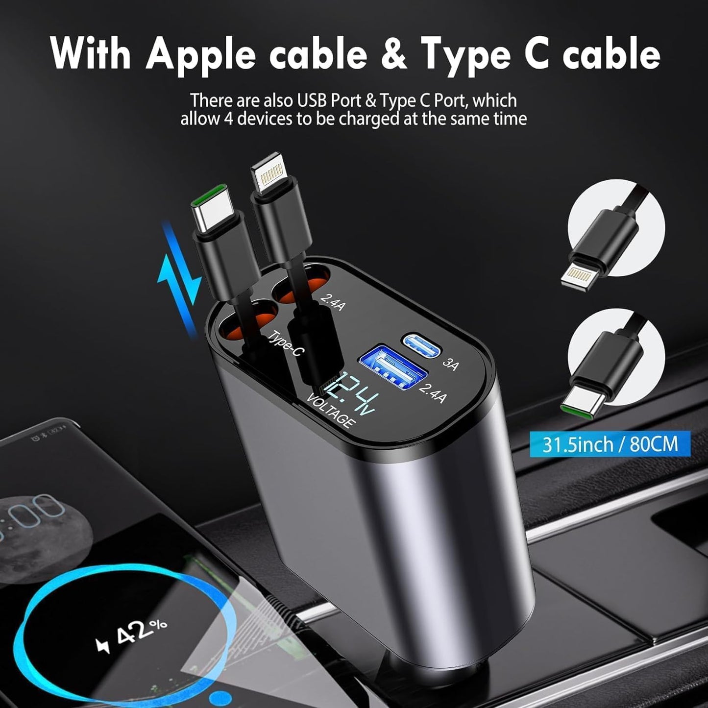 4-in-1 Super Fast Charge 120V Retractable Car Charger – Multi Device Fast Charging Adapter