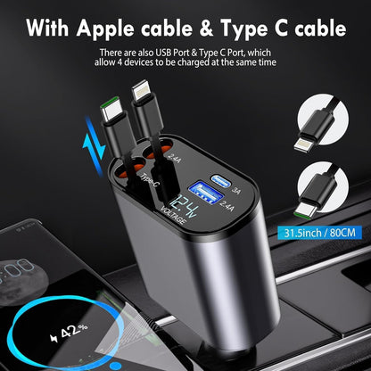 4-in-1 Super Fast Charge 120V Retractable Car Charger – Multi Device Fast Charging Adapter