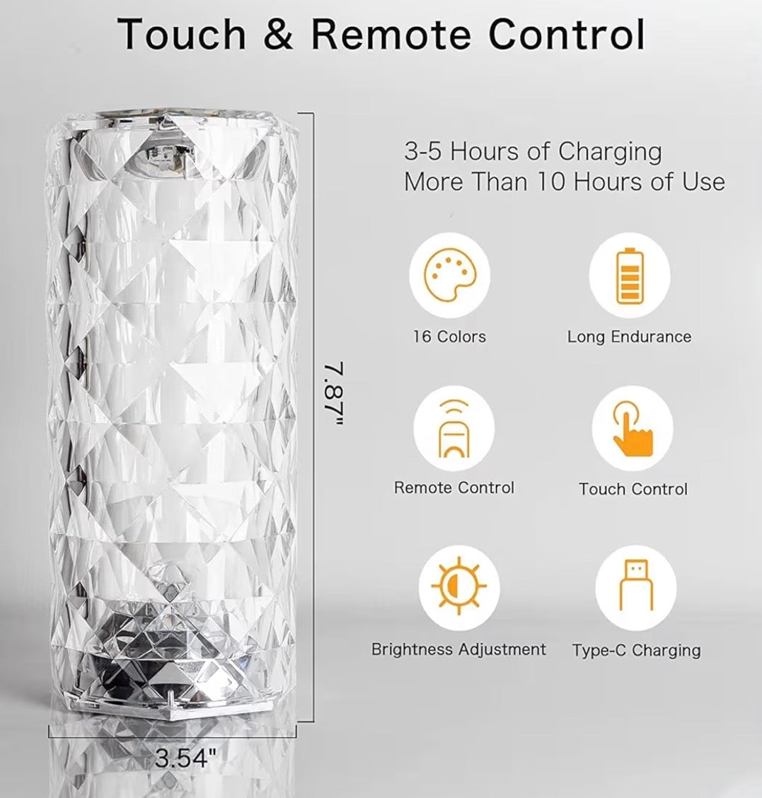Crystal Rose Diamond Table Lamp – 16 Color Changing LED Touch & Remote Night Lamp (USB Rechargeable)