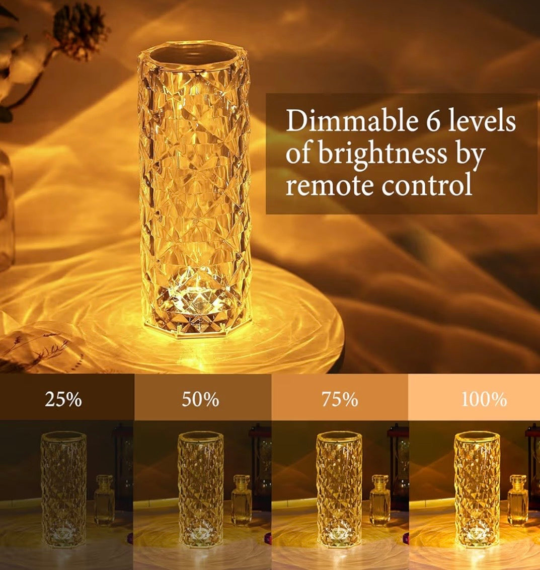 Crystal Rose Diamond Table Lamp – 16 Color Changing LED Touch & Remote Night Lamp (USB Rechargeable)