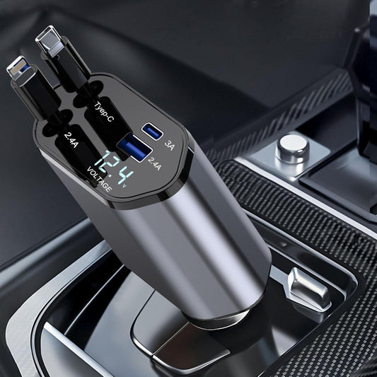 4-in-1 Super Fast Charge 120V Retractable Car Charger – Multi Device Fast Charging Adapter